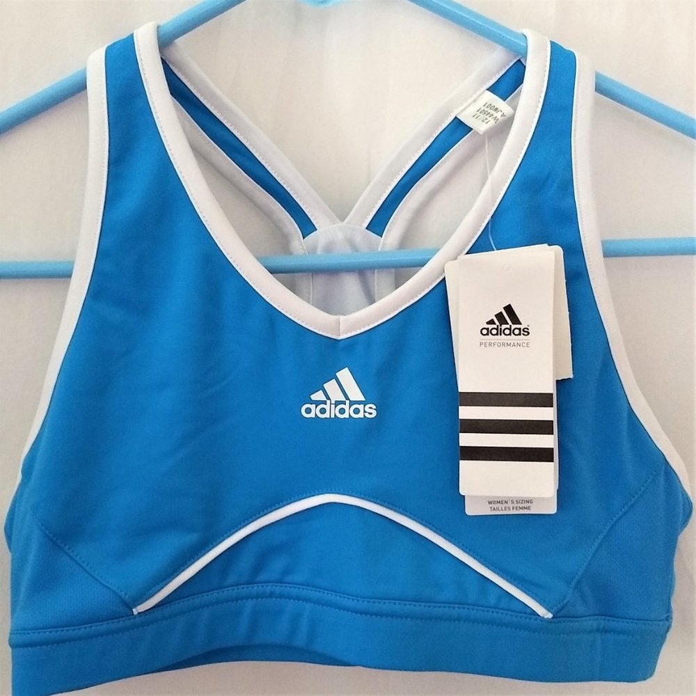 NWT Sports Bra Adidas Motivate Size M L W44501 white Aqua Blue T-Back/Reversible